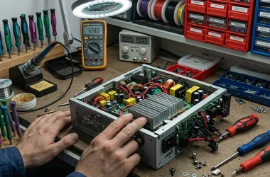A PC technician inspecting modular cables to pick safe PSU hardware for a desktop build