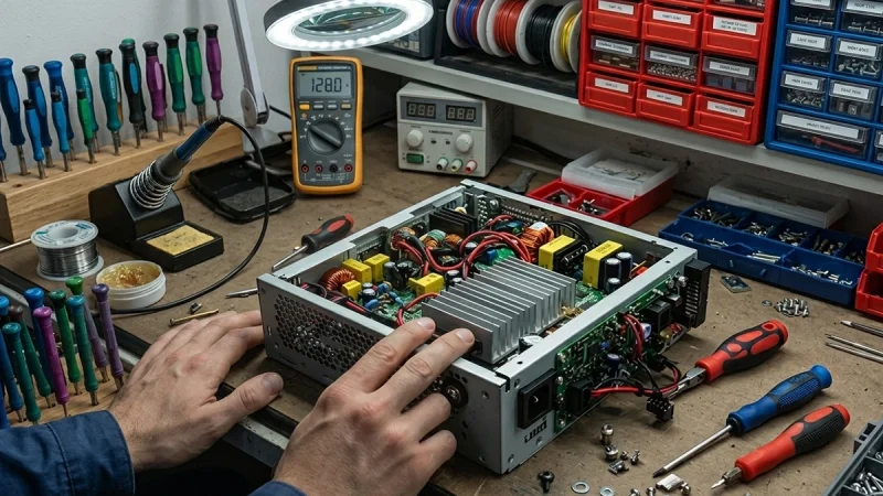A PC technician inspecting modular cables to pick safe PSU hardware for a desktop build